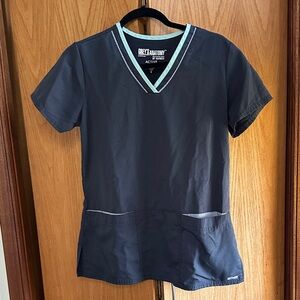 Grey's Anatomy Charcoal Scrub Top with Sky Blue Trim